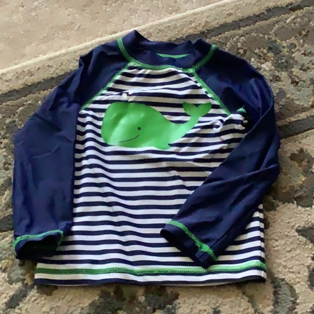 Swim top with whale Navy blue and white striped green whale 🐳 24 month.